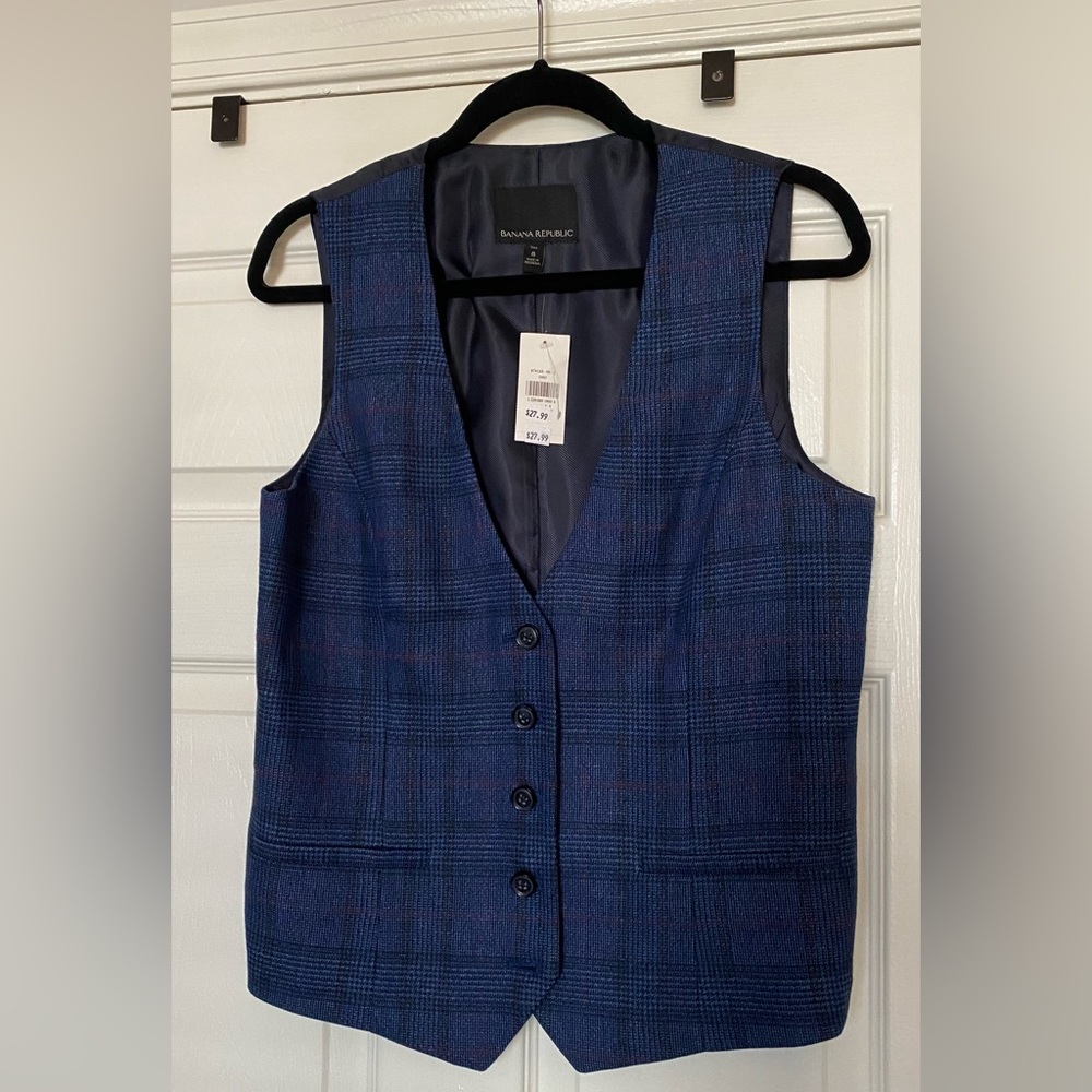 Banana Republic Womens Blue Plaid Sleeveless Vest Waistcoat Size 8 Tall (NWT)